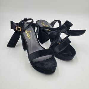 Sassyy Black Velvet Bow Platform Ankle Strap Sandal Heels